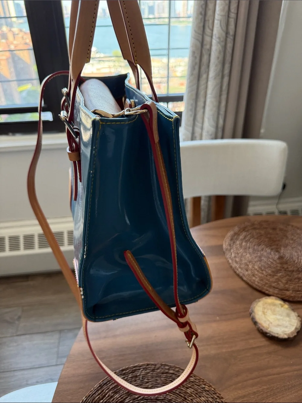 Dooney & Bourke Teal Patent Satchel with Tan Trim and Gold Logo